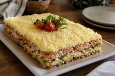 Чередую слои и собираю закуску &laquo;Мимоза&raquo; с крекером &mdash; любимый вкус в новом формате