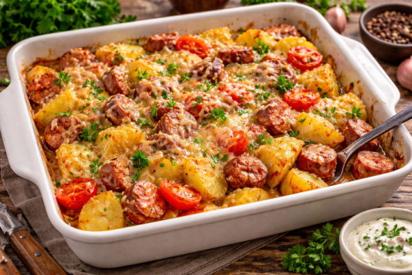 Ужин по-быстрому: картофель с колбасками в духовке &mdash; всё сложили и забыли